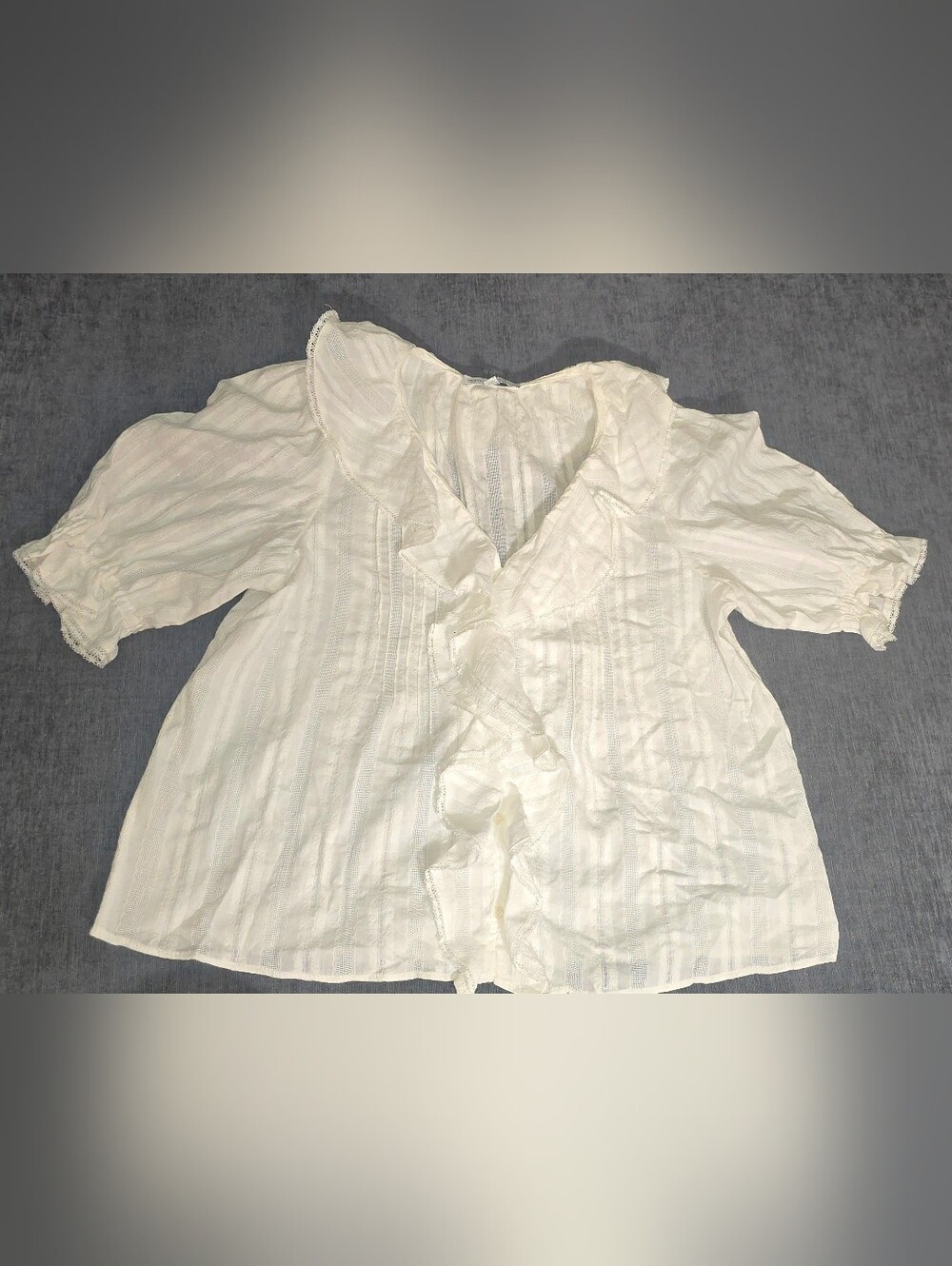Maison d Amelie White Cotton Dobby Stripe Ruffle V Neck Blouse Small